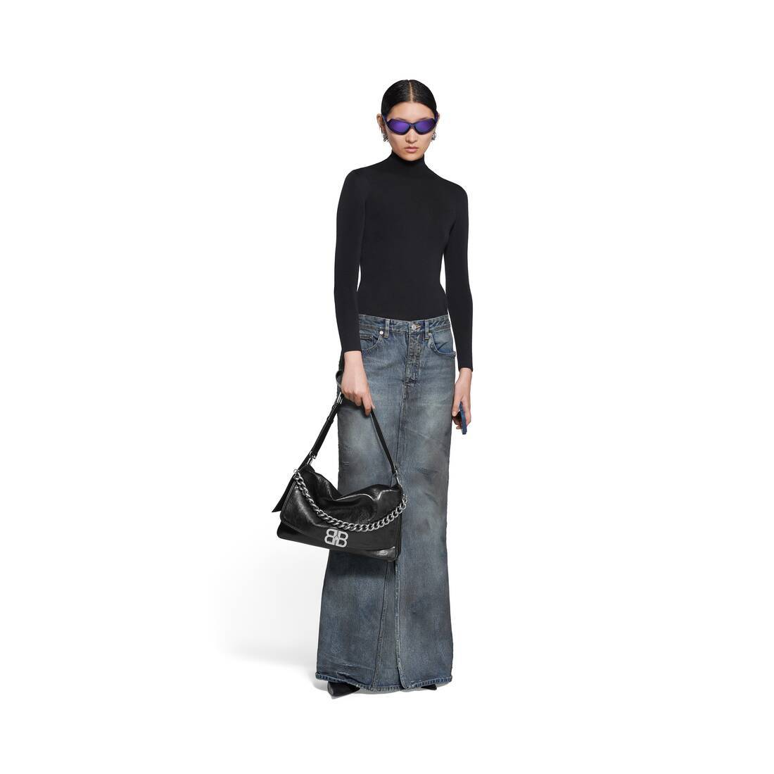 Balenciaga Dark Blue Maxi Skirt With Crinkled Effect With Logo Patch In Cotton Denim Woman In Black