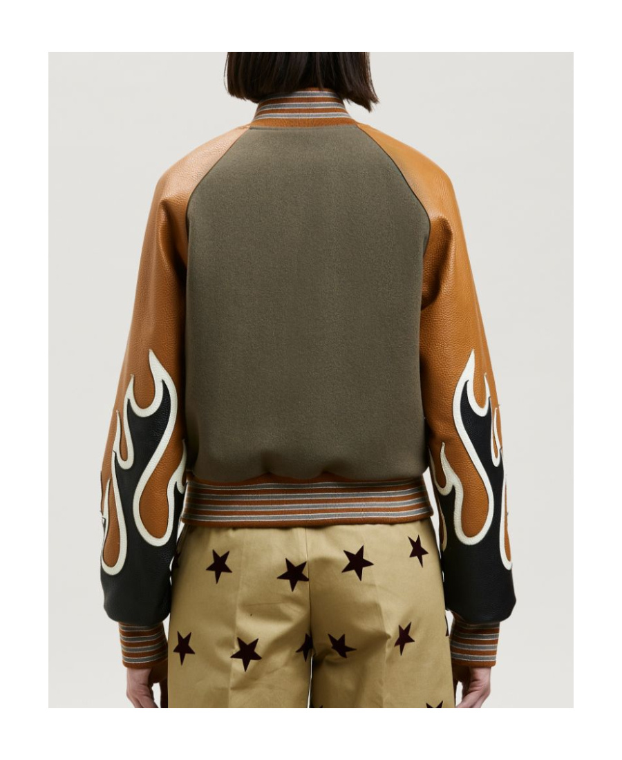 Palm Angels Burning Flames Leather Varsity Jacket In Brown