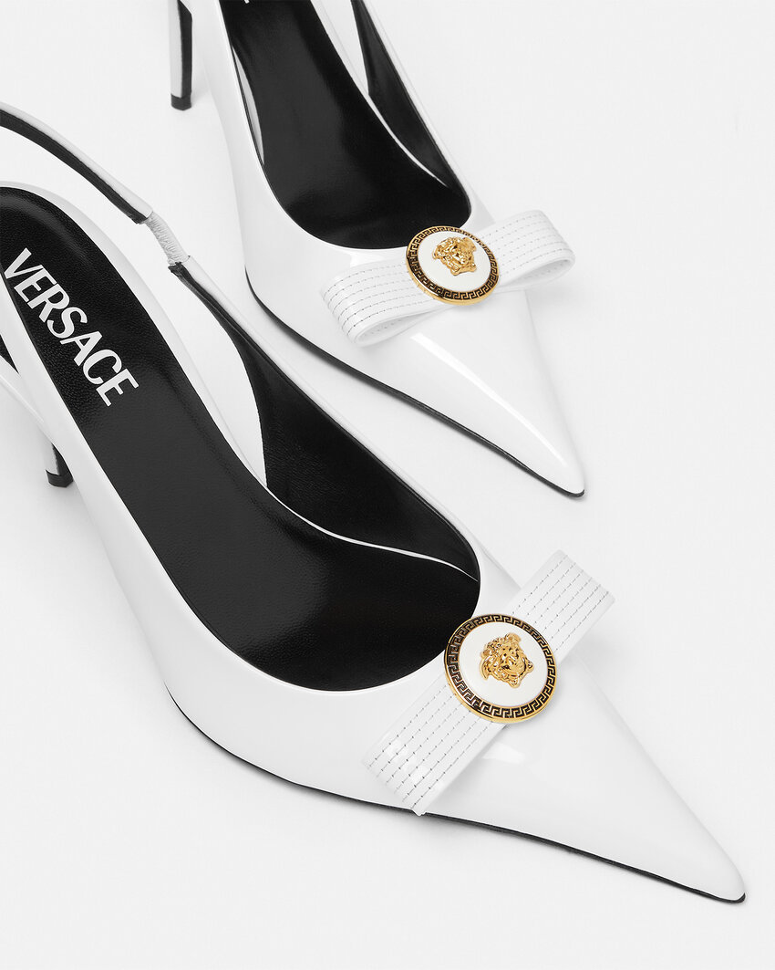 Versace Gianni Ribbon Mid Slingback Pumps In White