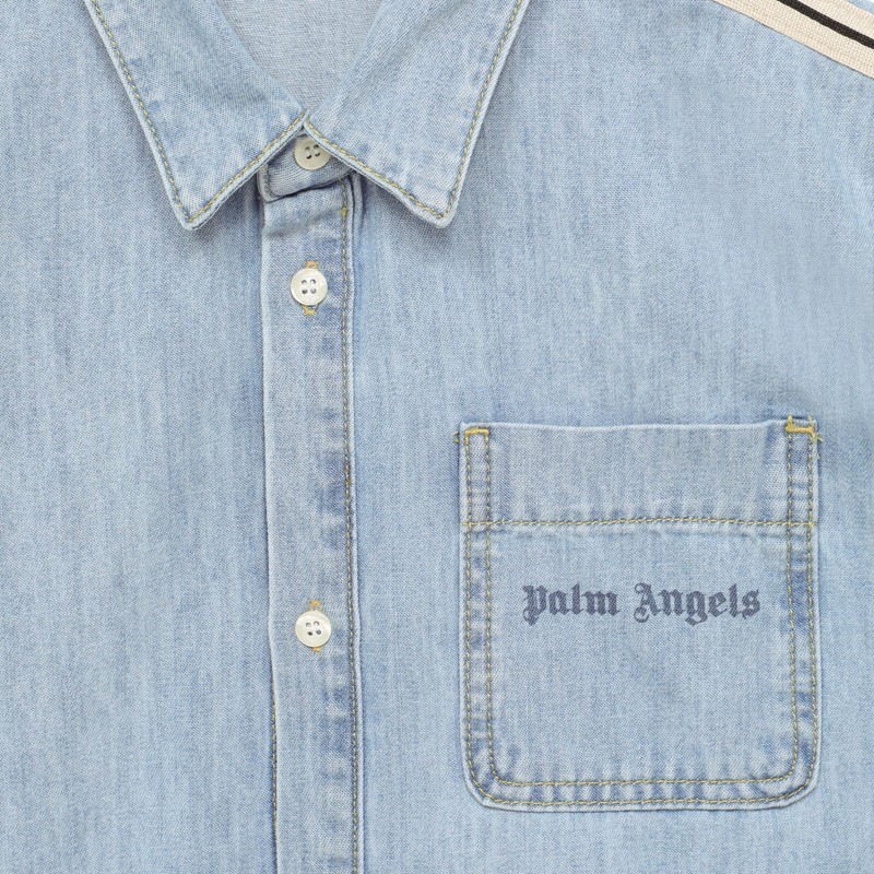 Palm Angels Side-stripe Denim Shirtdress In Blue
