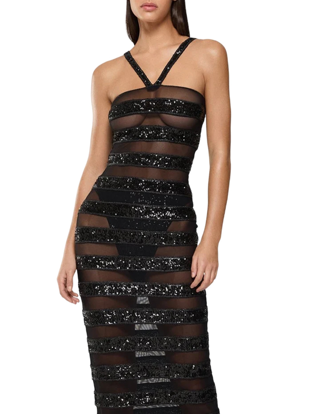 Shop Oseree Sequin-embellished Striped Maxi Dress In Black