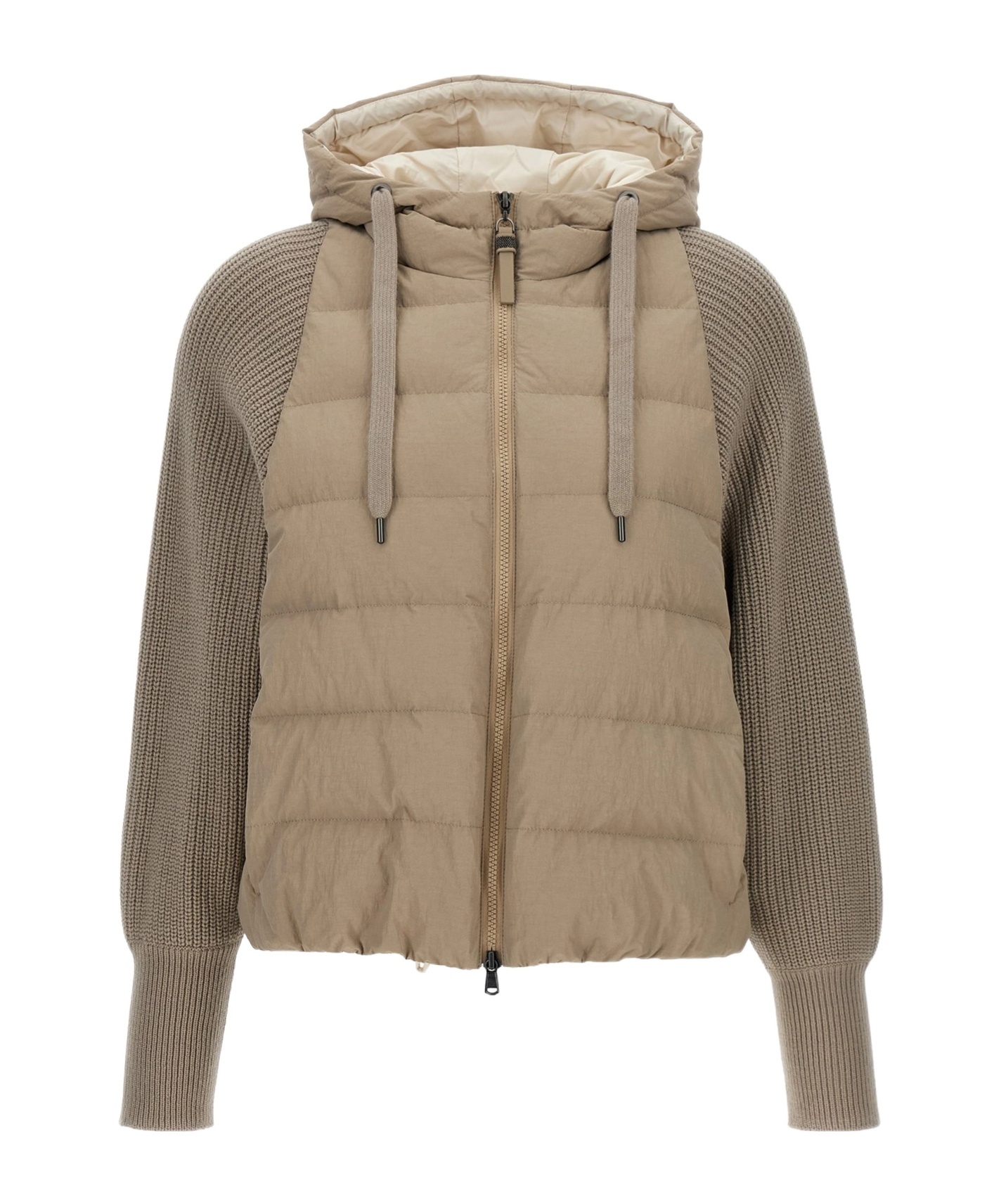 Brunello Cucinelli Two-material Puffer Jacket Casual Jackets And Parka Beige In Brown