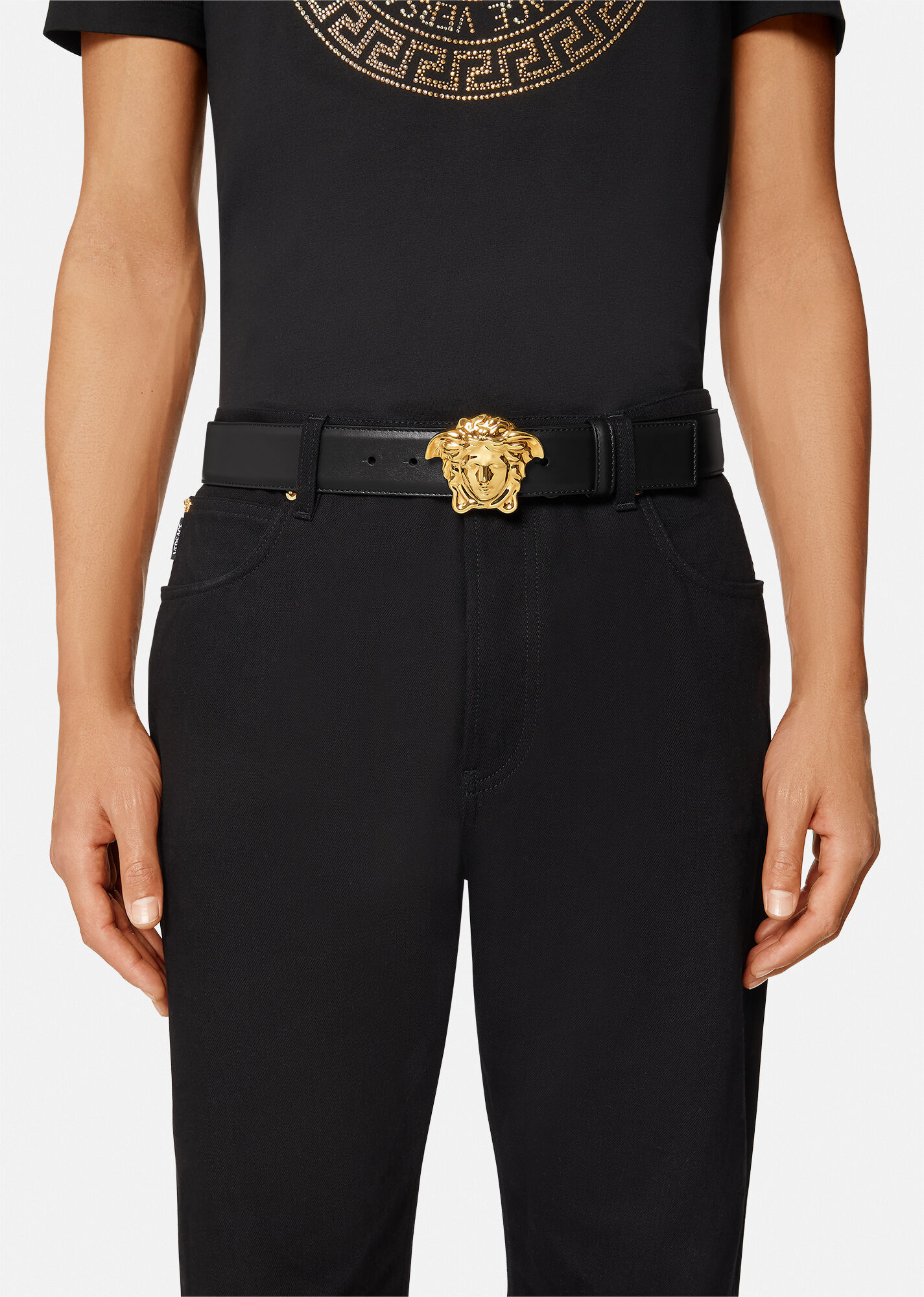 Shop Versace Medusa Head-plaque Leather Belt In Black