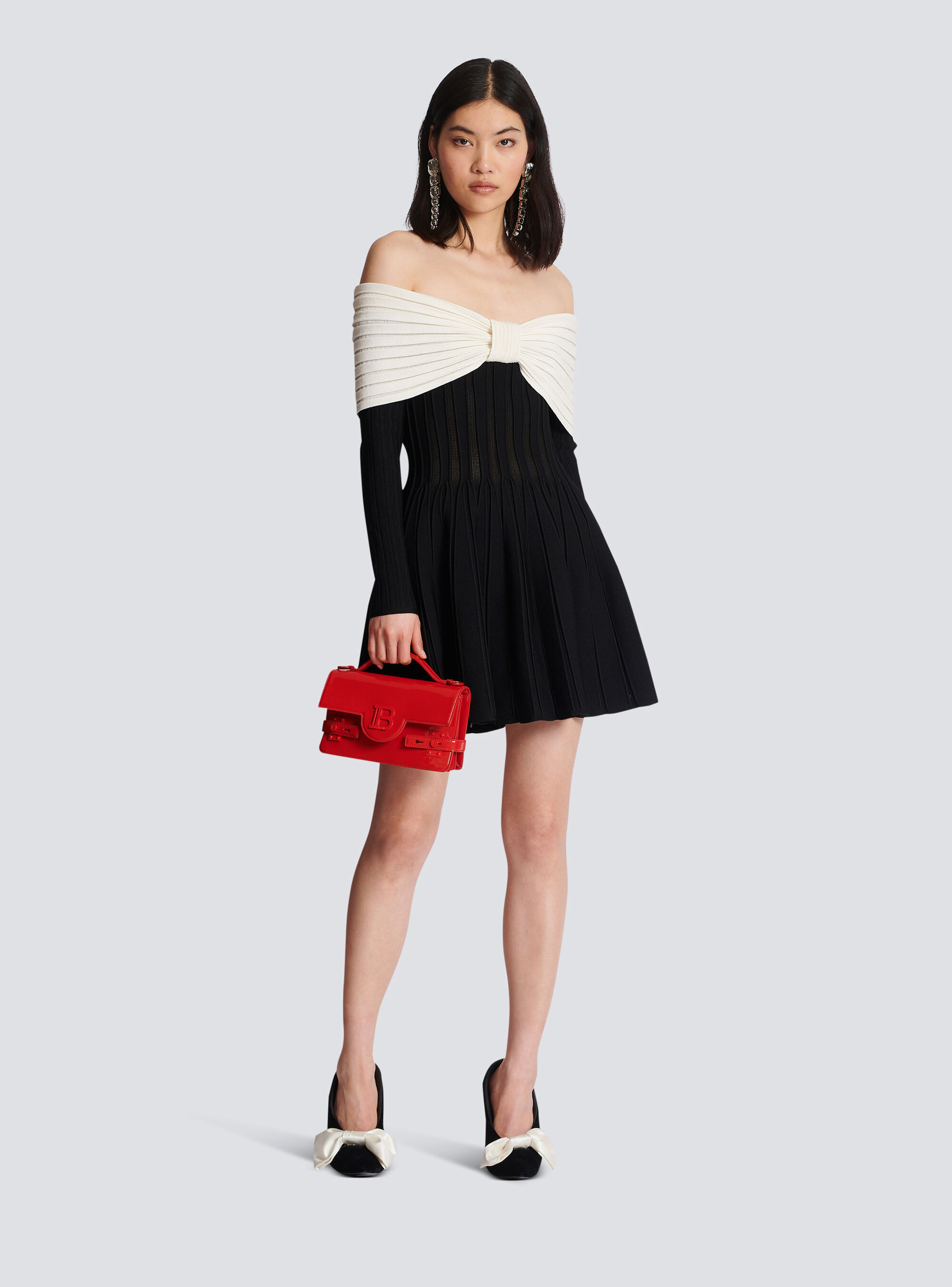 Balmain Off-the-shoulder Two-tone Ribbed-knit Mini Dress In Black