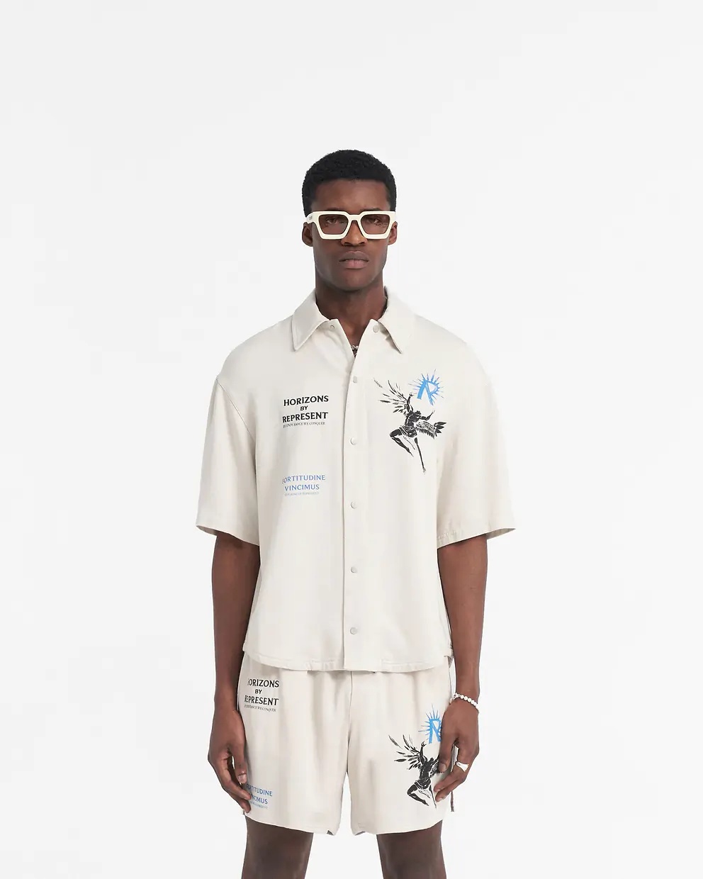 Represent Icarus Ss Shirt Off White Lyocell Shirt With Icarus Graphic Print And Logo - Icarus Short Sleeve Shi In White