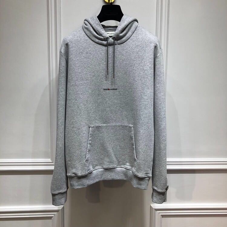 Saint Laurent Signature Logo Cropped Hooded Sweatshirt In Gray