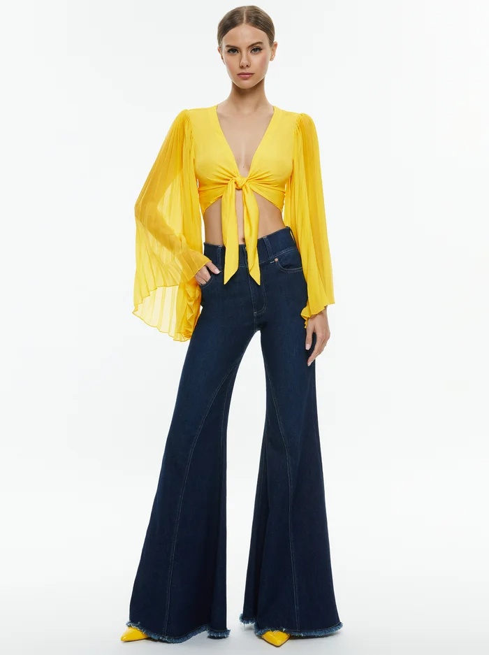 Alice And Olivia Rochelle Tie Front Pleated Crop Top In Yellow