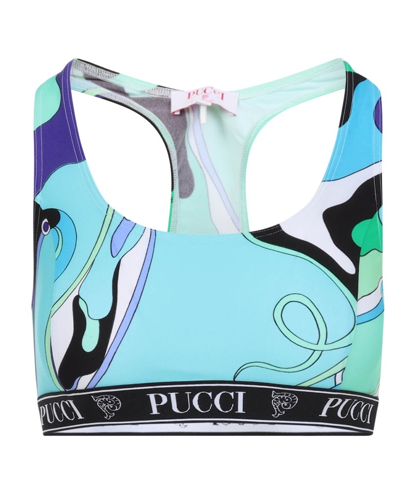 Emilio Pucci Crop Racerback Sleeveless Scoop Printed Top In Blue