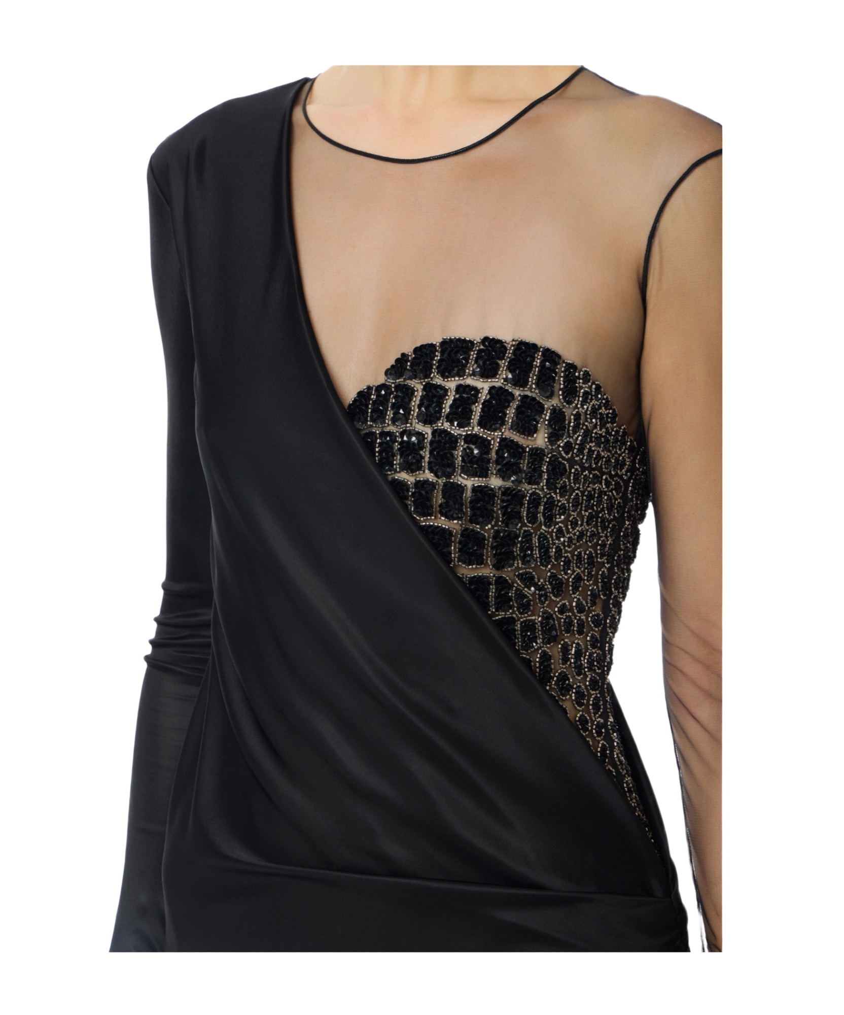 Elisabetta Franchi Red Carpet Tulle And Jersey Dress With Crocodile-effect Embroideries In Black