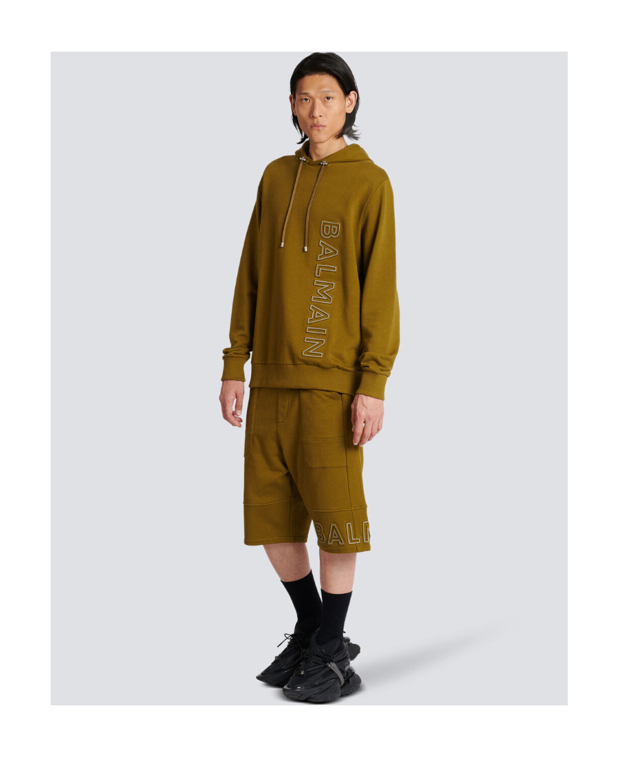 Shop Balmain Hoodie In Eco-responsible Cotton With Reflective Logo In Brown
