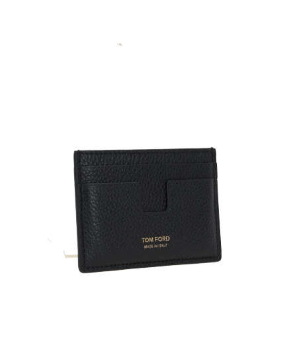 Tom Ford Black T Line Card-holder With Gold-colored Embossed Logo In Grainy Leather Man In Black