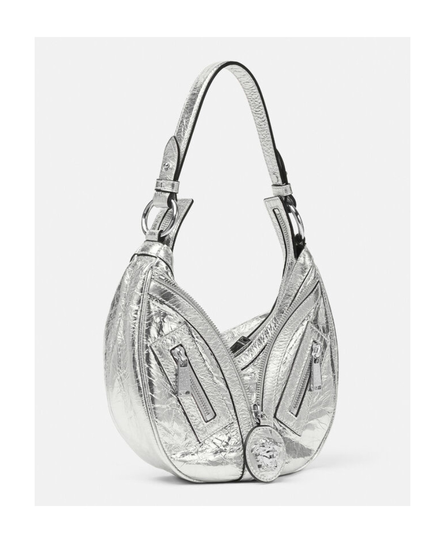 Versace Small Repeat Metallic Shoulder Bag In Gray