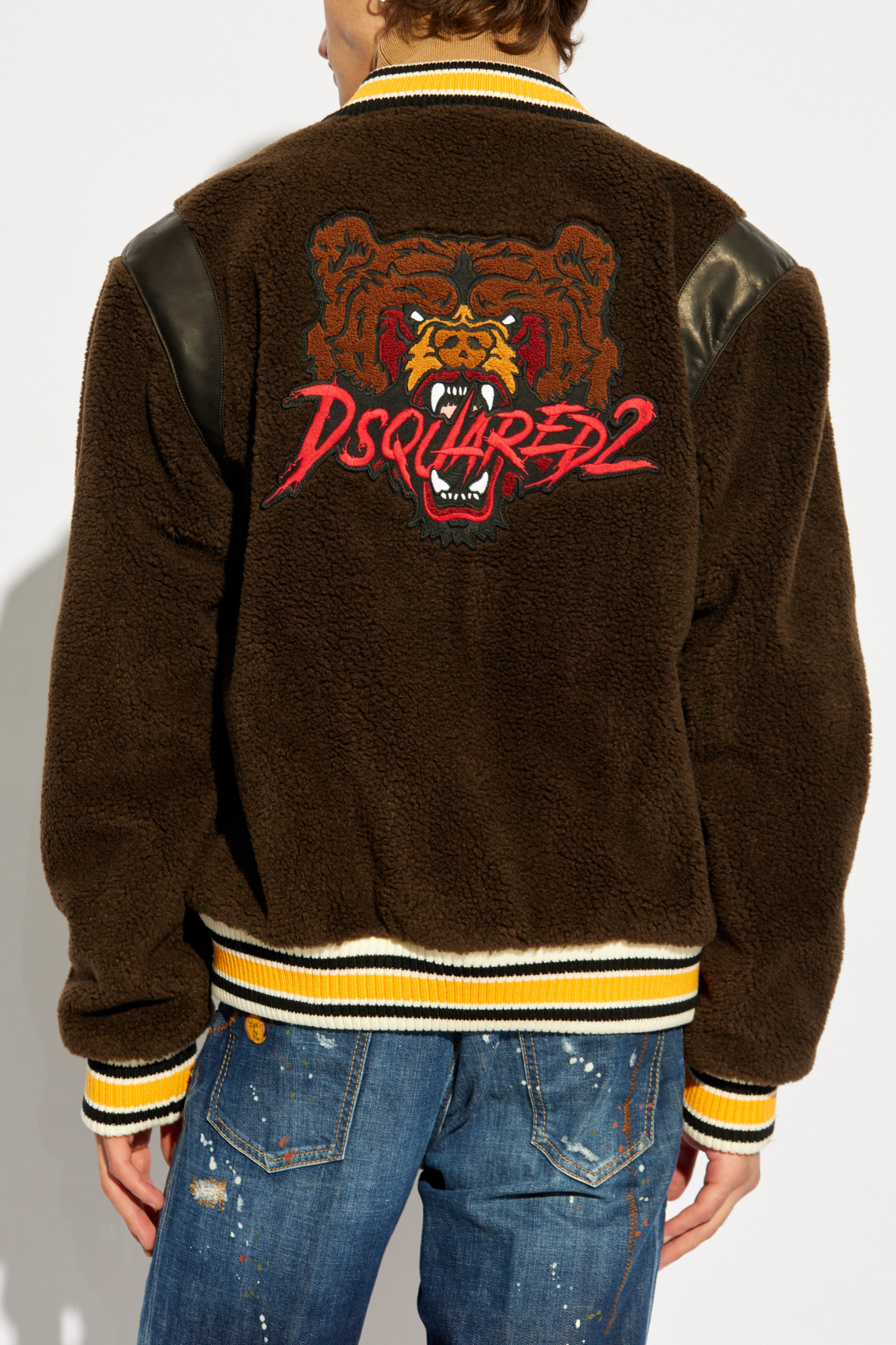 Dsquared2 Bear's Varsity Shearling Bomber Jacket In Brown