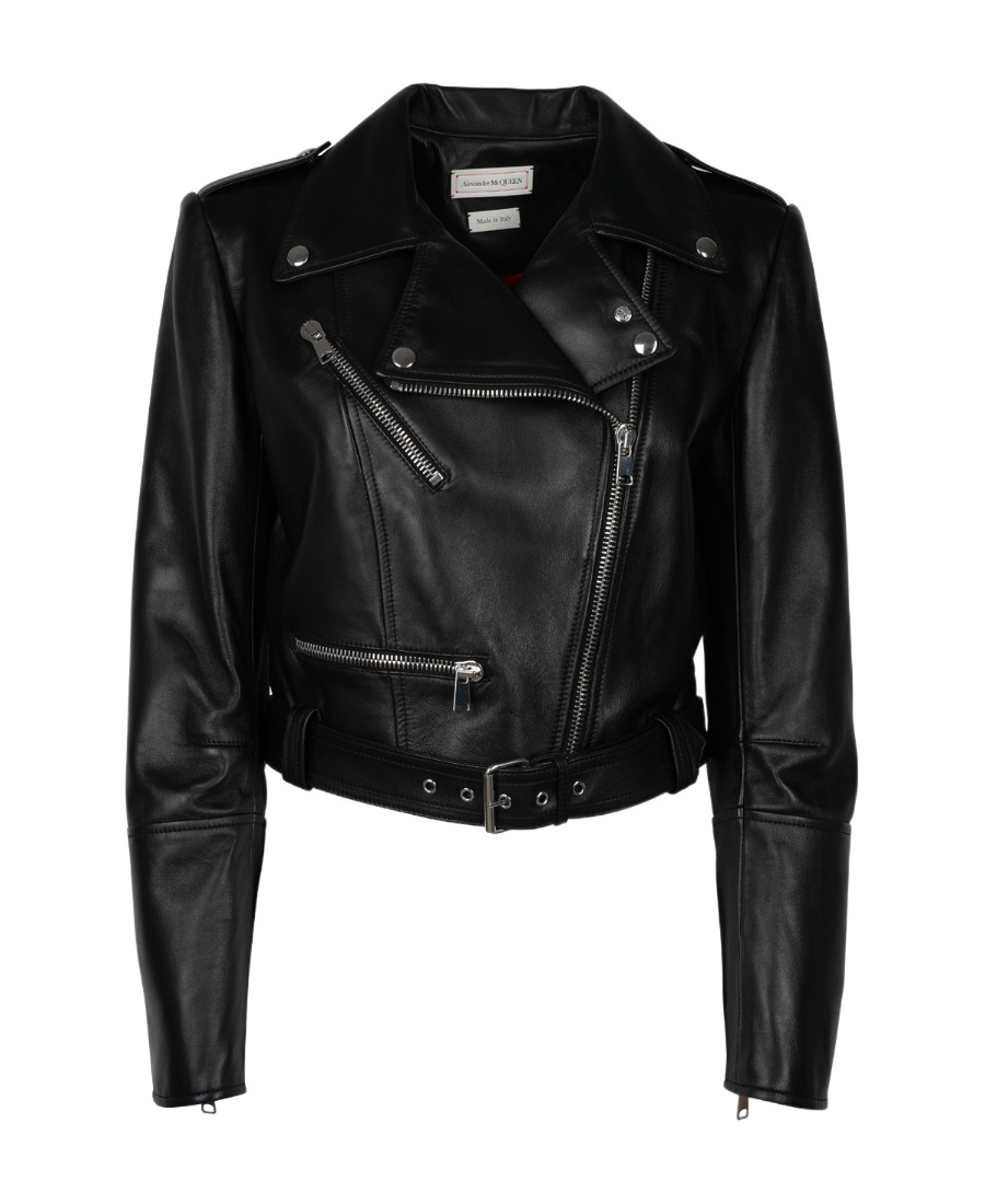 Alexander Mcqueen Black Cropped Biker Jacker With Matching Belt In Smooth Leather Woman In Black