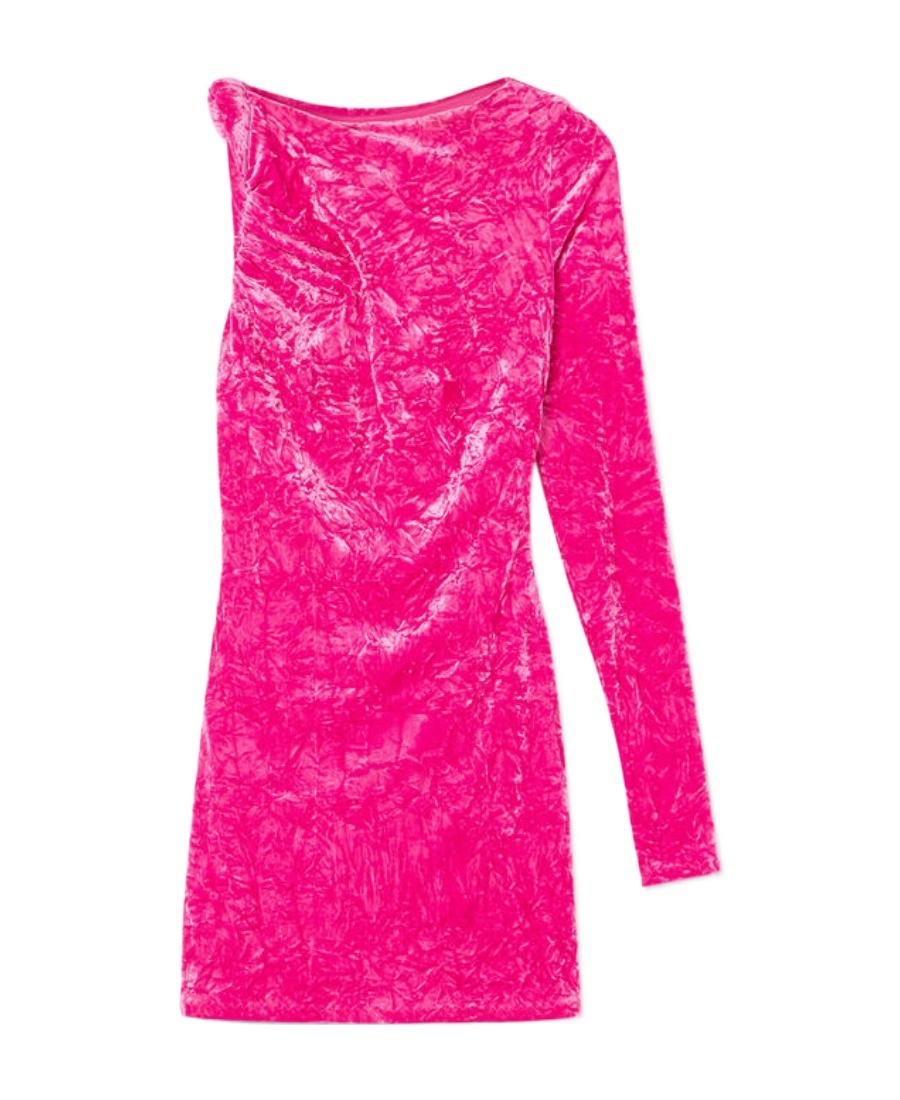 Versace Fuchsia One-shoulder Mini Dress With Greca Detail And Cut-out At The Back In Crushed Velvet Woman In Pink