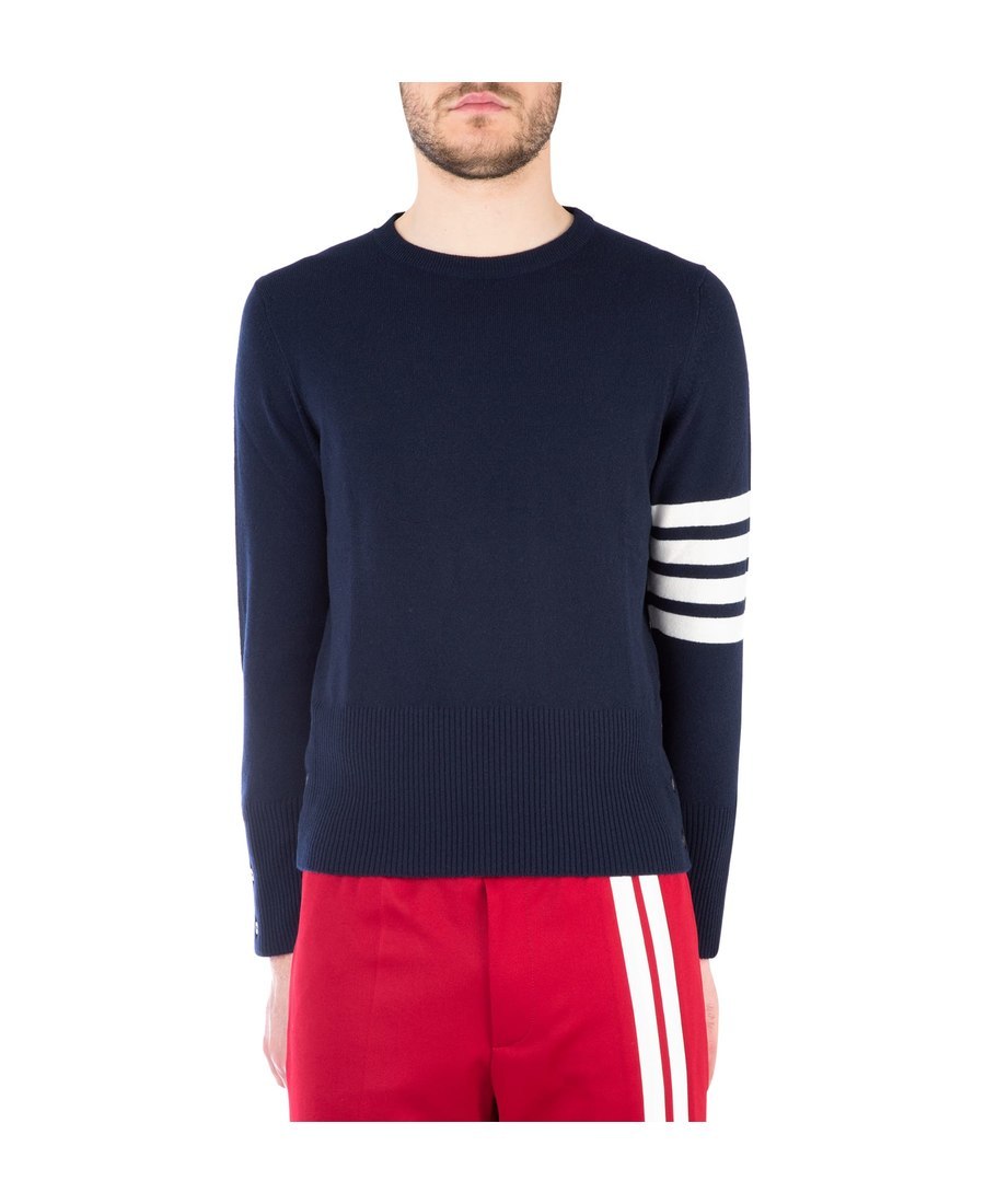 Thom Browne Blue Crewneck Swwater With 4-bar On The Sleeve And Ribbed Trims In Wool Man In Black