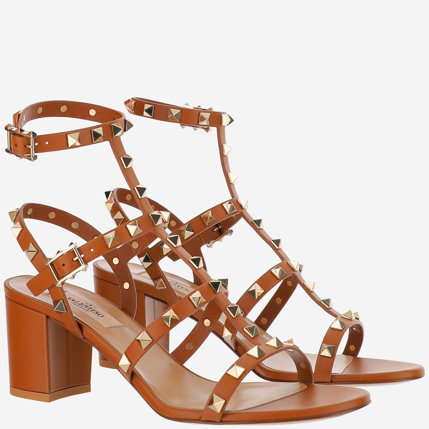 Valentino Rockstud Thick Mid-heeled Sandals In Brown