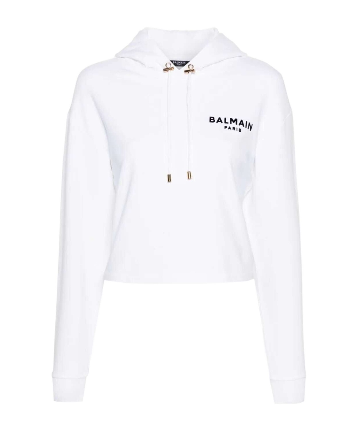 Balmain Cropped Flocked Organic Cotton-jersey Hoodie In White