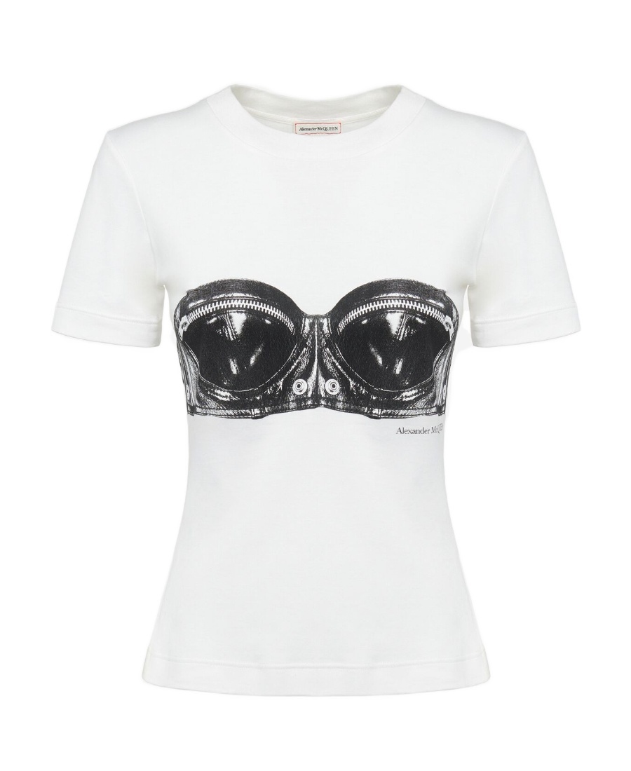 Alexander Mcqueen Bustier-print Crewneck T-shirt In Black