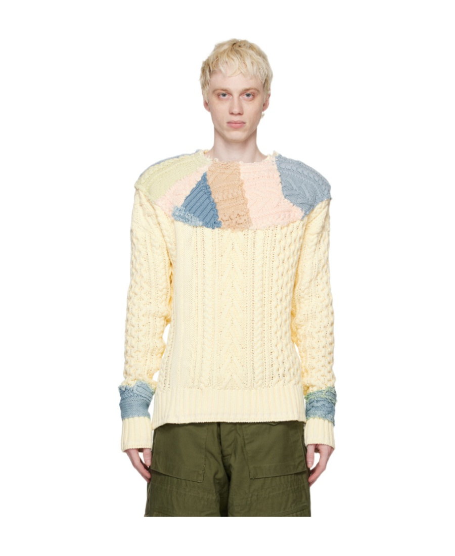 Greg Lauren Patchwork Cable-knit Jumper In Nude