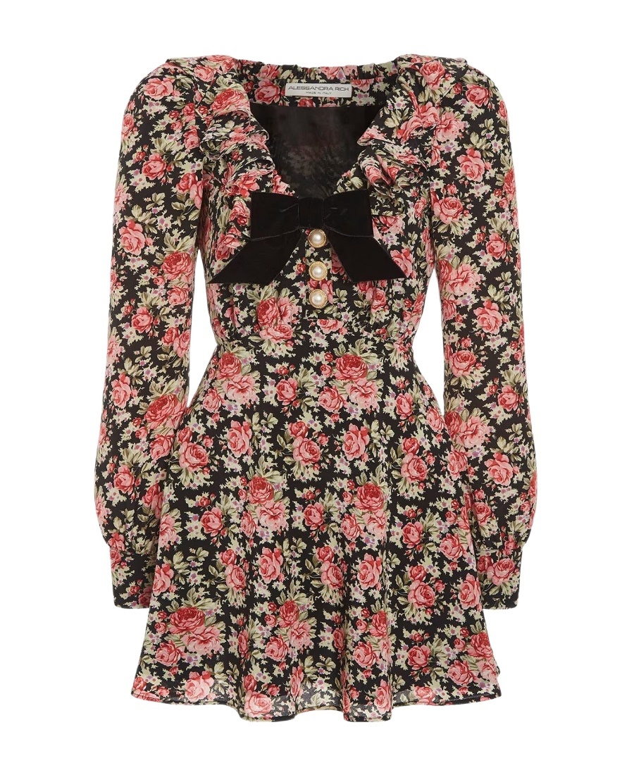 Alessandra Rich Rose Print Mini Silk Dress In Multicolor