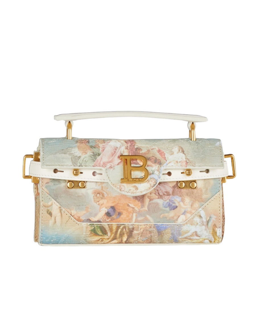 Balmain B-buzz 19 Bag In Sky Print Canvas With Leather Details In Nude