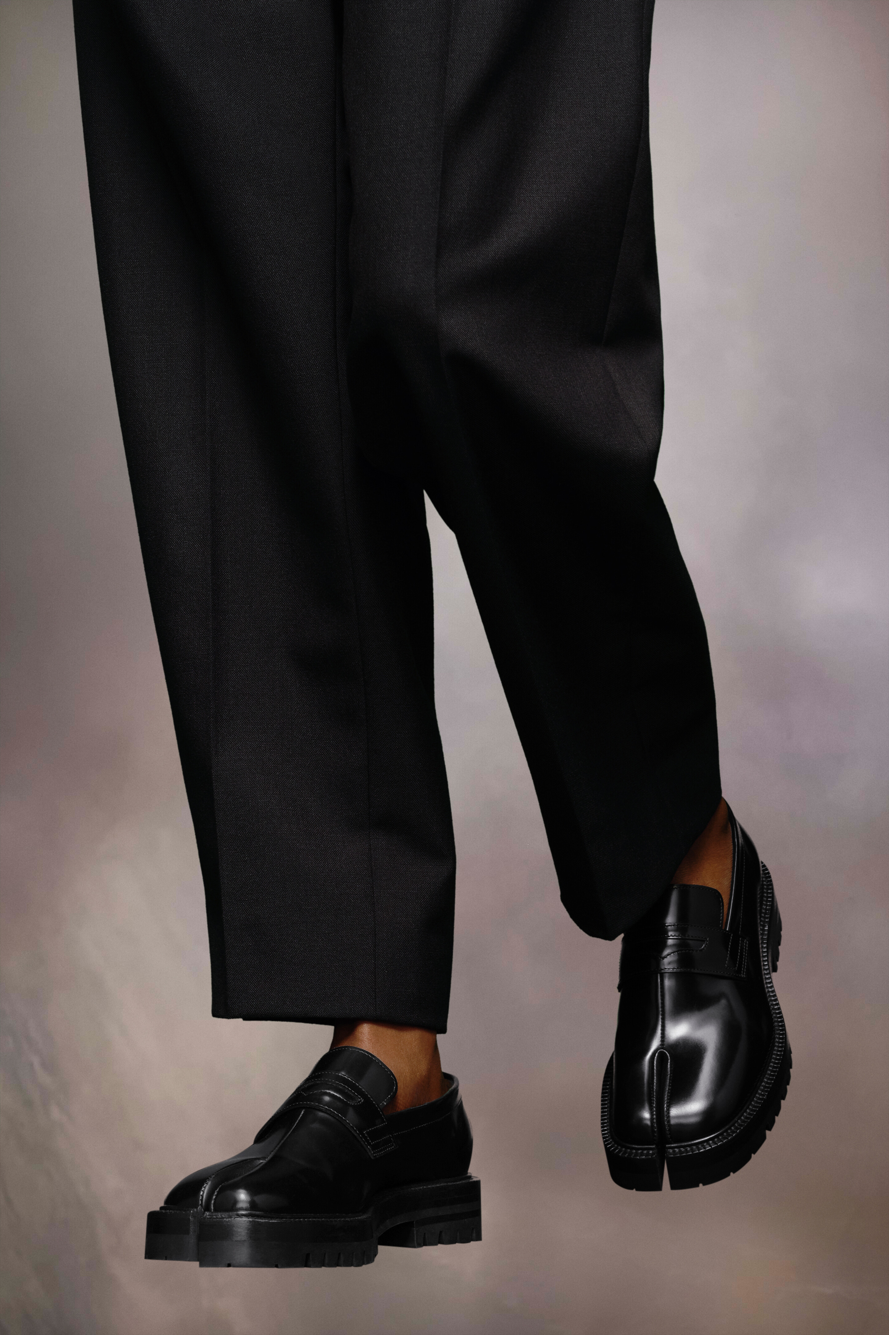 Maison Margiela Tabi County Split-toe Distressed Textured-leather Penny Loafers In Black