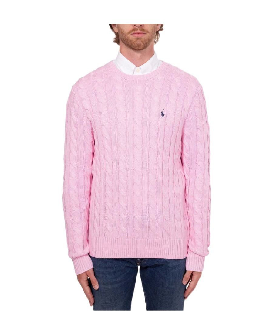 Shop Polo Ralph Lauren Embroidered-logo Cable-knit Jumper In Pink
