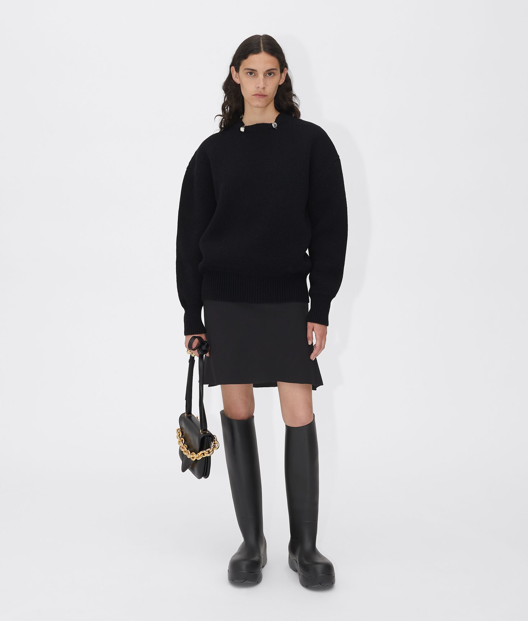 Bottega Veneta Bv Cn Metal Dtl Ls Dbl Fc Shetland Sweat In Black