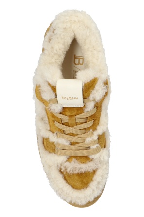 Balmain Shearling-trimmed Suede Sneakers In Brown