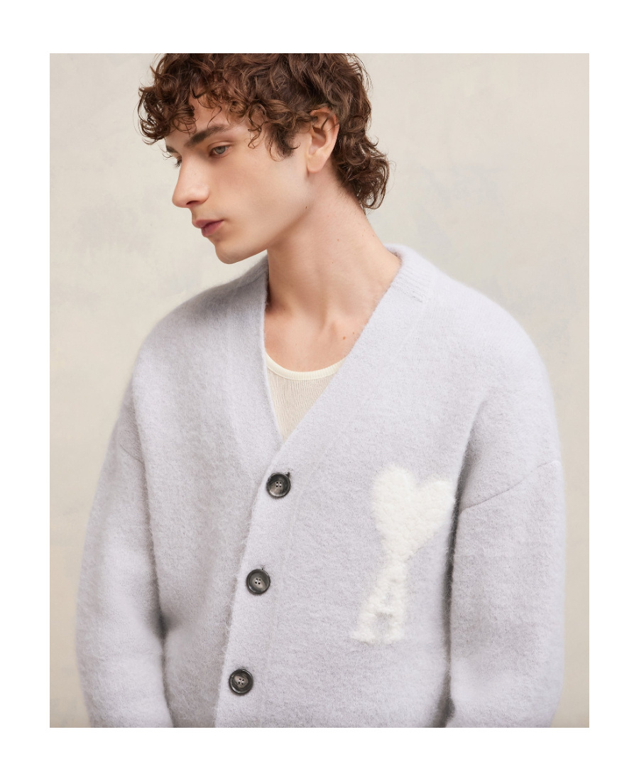 Shop Ami Alexandre Mattiussi Ami Paris Ami De Coeur Knitted Buttoned Cardigan In Gray
