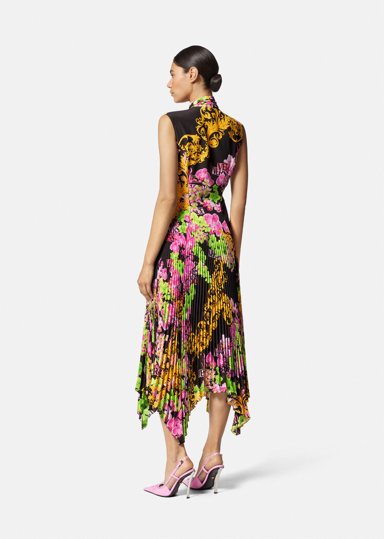 Versace Printed Plissé Crepe De Chine Midi Dress In Multicolor