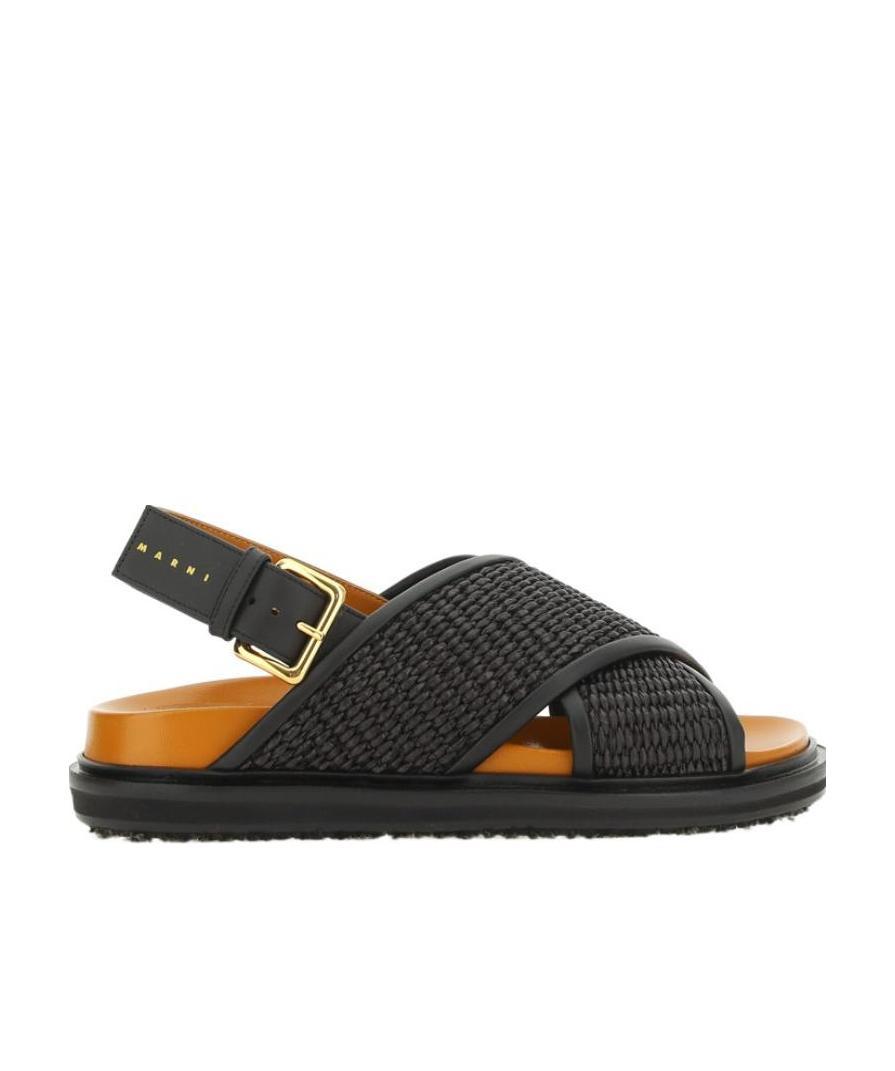 Marni Leather And Raffia Fussbett Sandals In Black