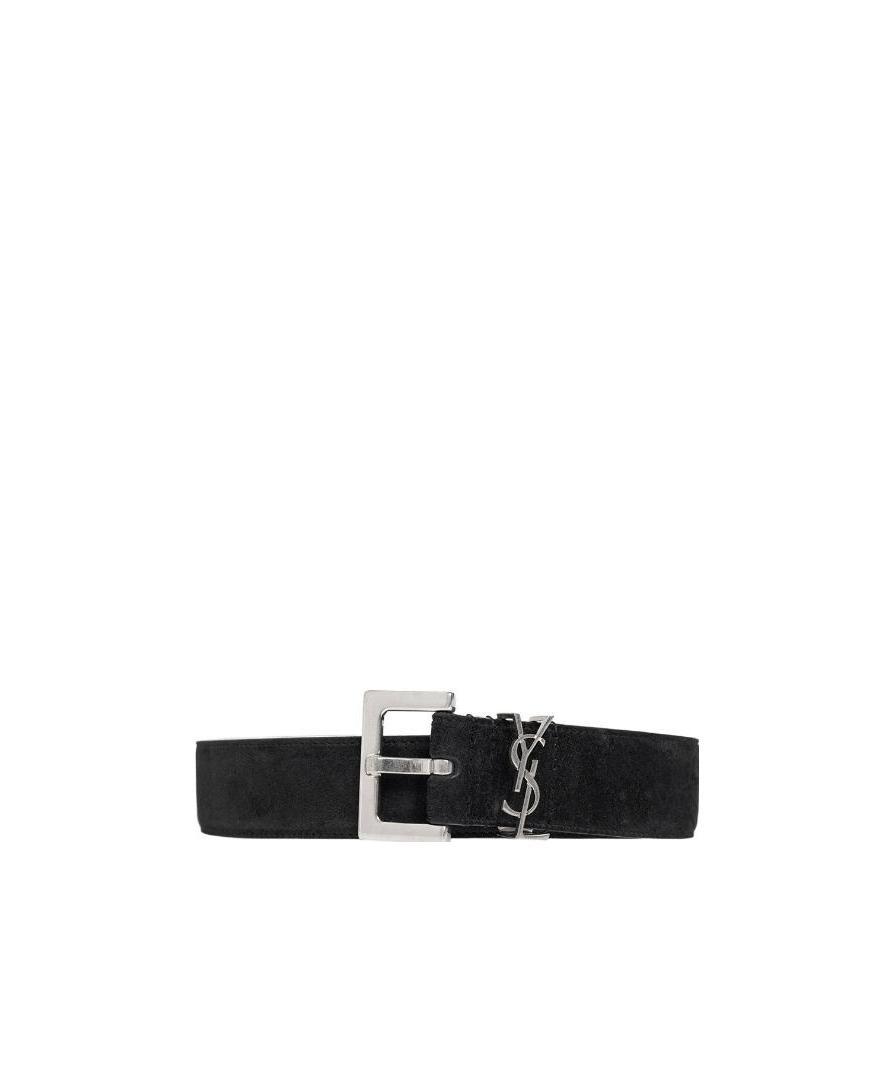 Saint Laurent Cassandre Square Buckle Belt In Lambskin In Black