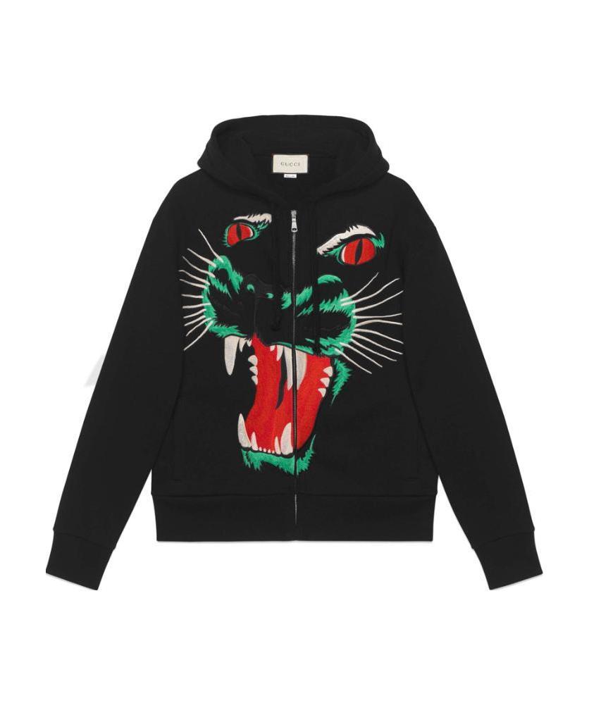 Gucci Leopard Head Embroidered Hooded Casual Jacket In Black