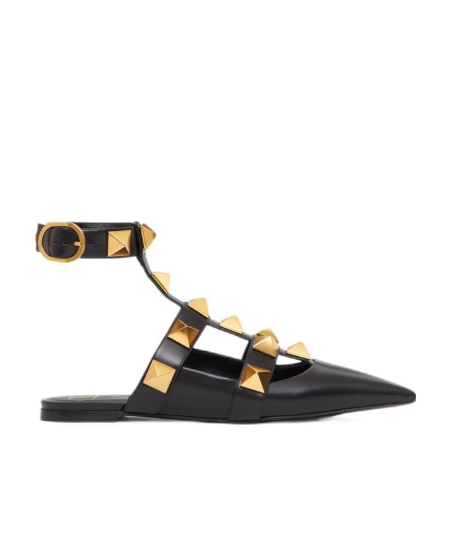 Valentino Roman Stud Leather Ankle Strap Flat In Black