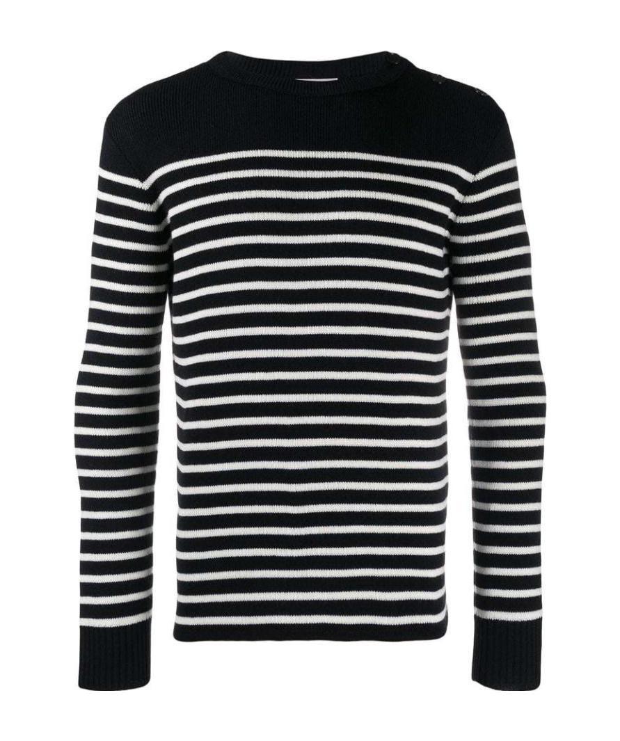 Saint Laurent Buttoned-shoulder Striped Jumper In Black