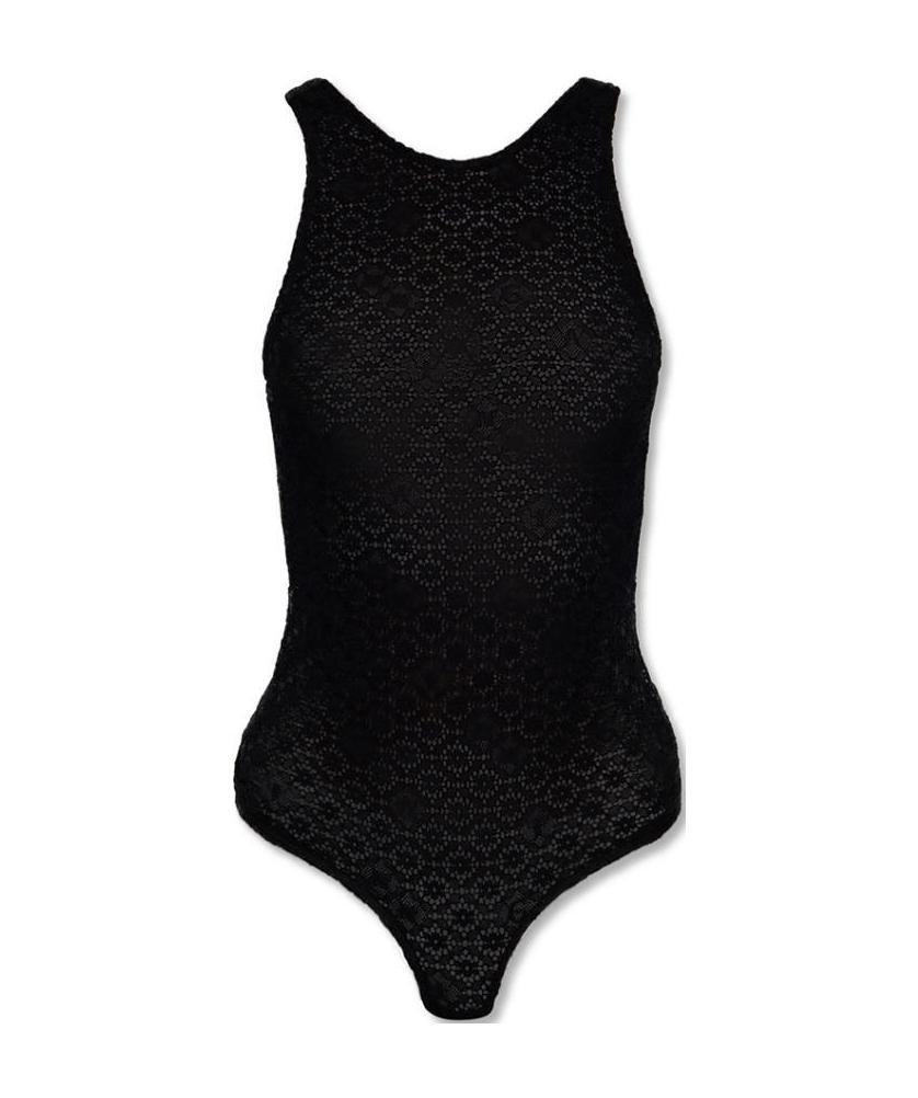 Ganni Floral-lace Bodysuit In Black