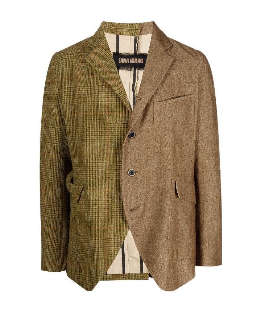Uma Wang Contrasting-panel Wool Blazer In Brown