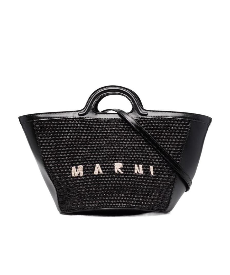 Shop Marni Tropicalia Small Bag In Black Leather And Raffia