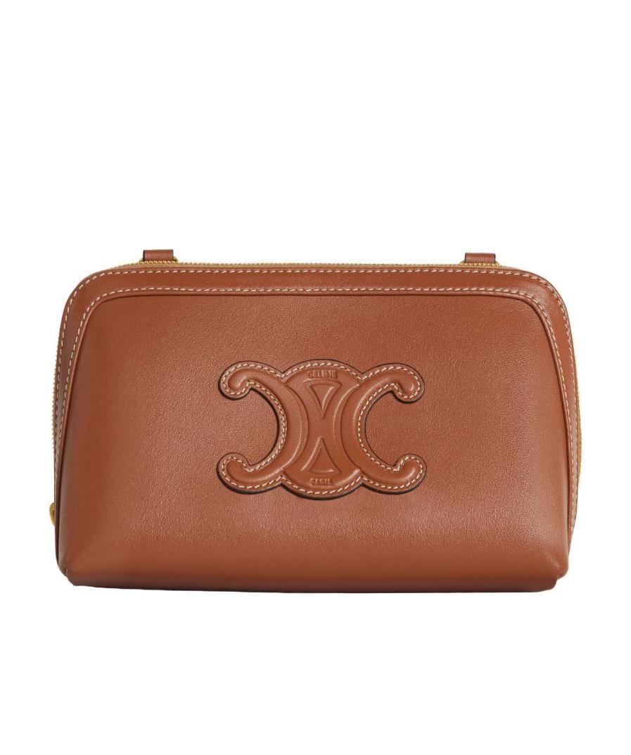 Celine Triomphe Leather Clutch On Chain In Brown