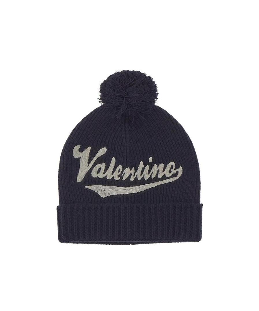 Valentino Embroidered Logo Pompom Beanie In Black