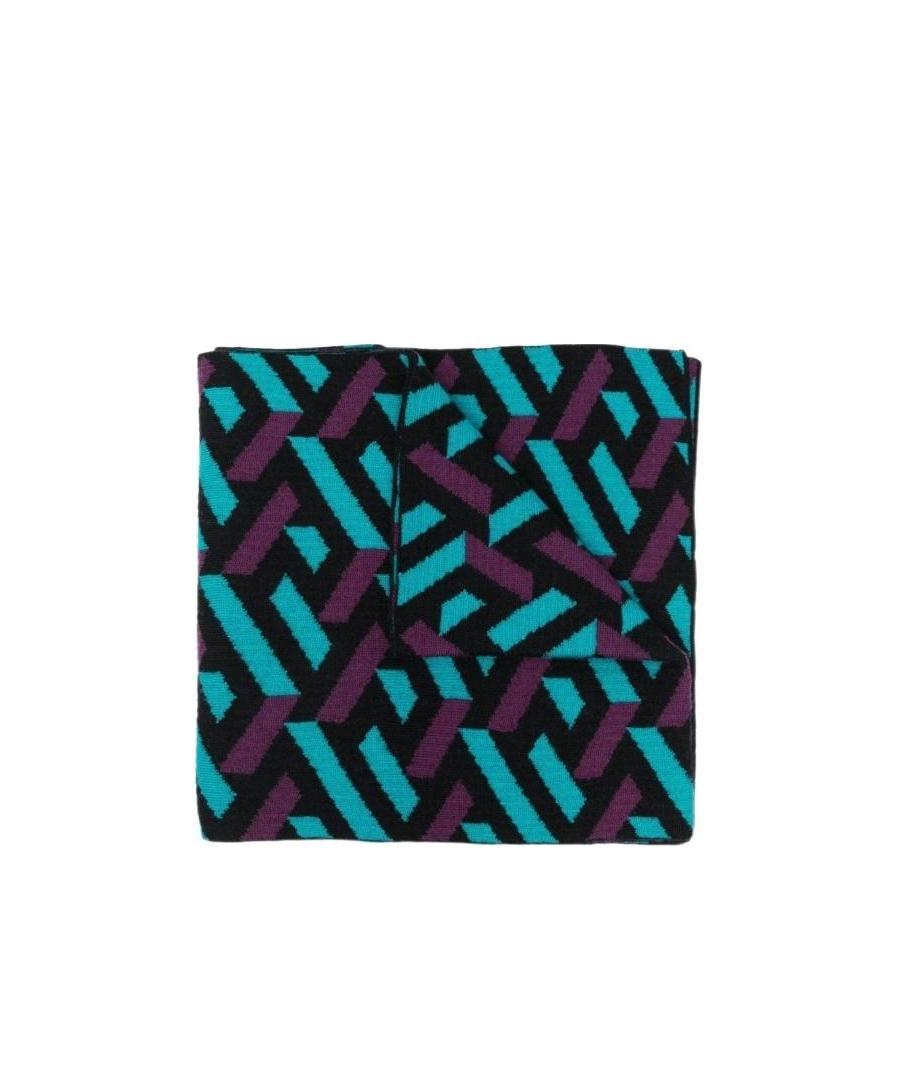 Versace Intarsia-pattern Wool Scarf In Black