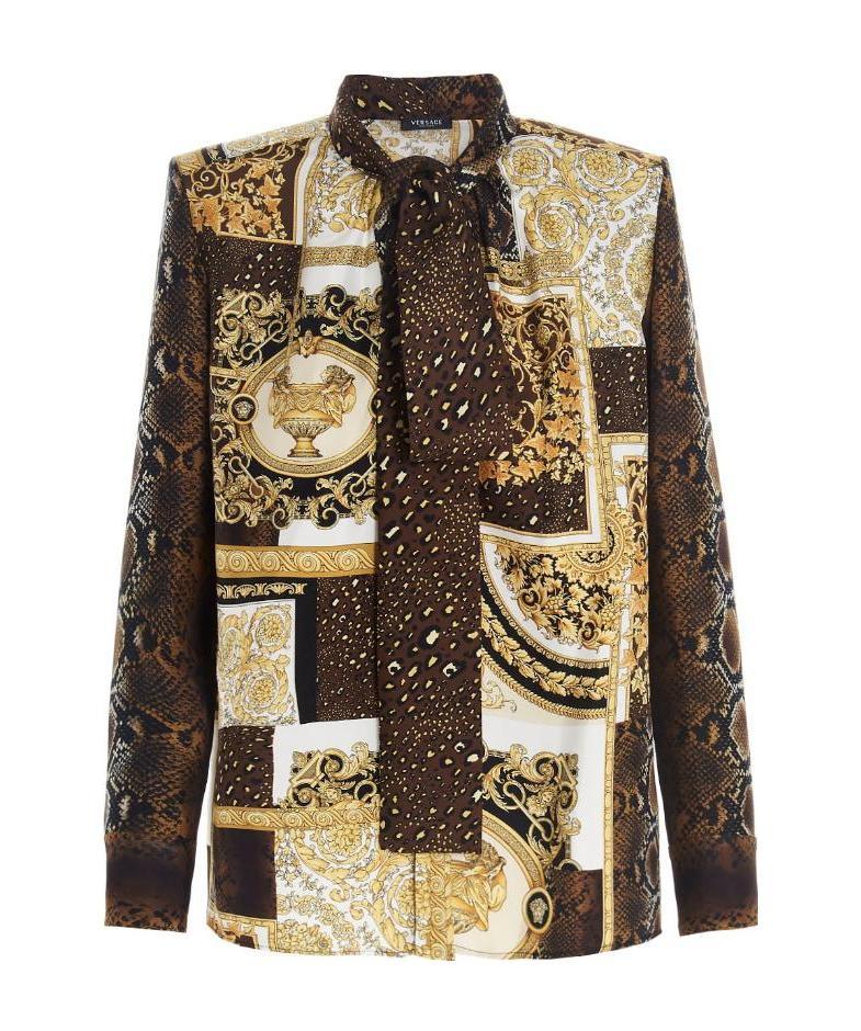 Versace Printed Pussy-bow Blouse In Green