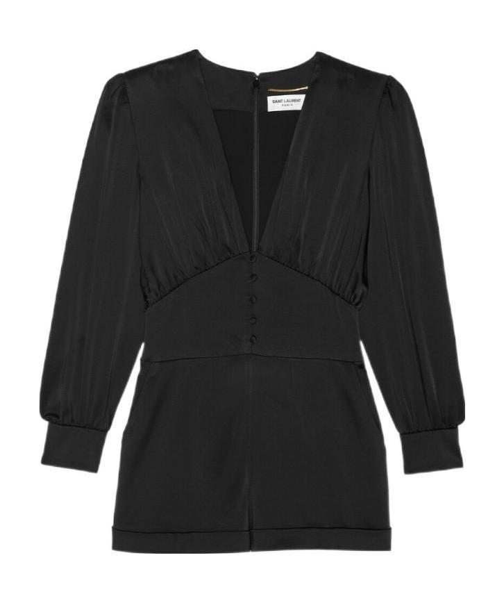Saint Laurent Long-sleeve Silk Playsuit In Black