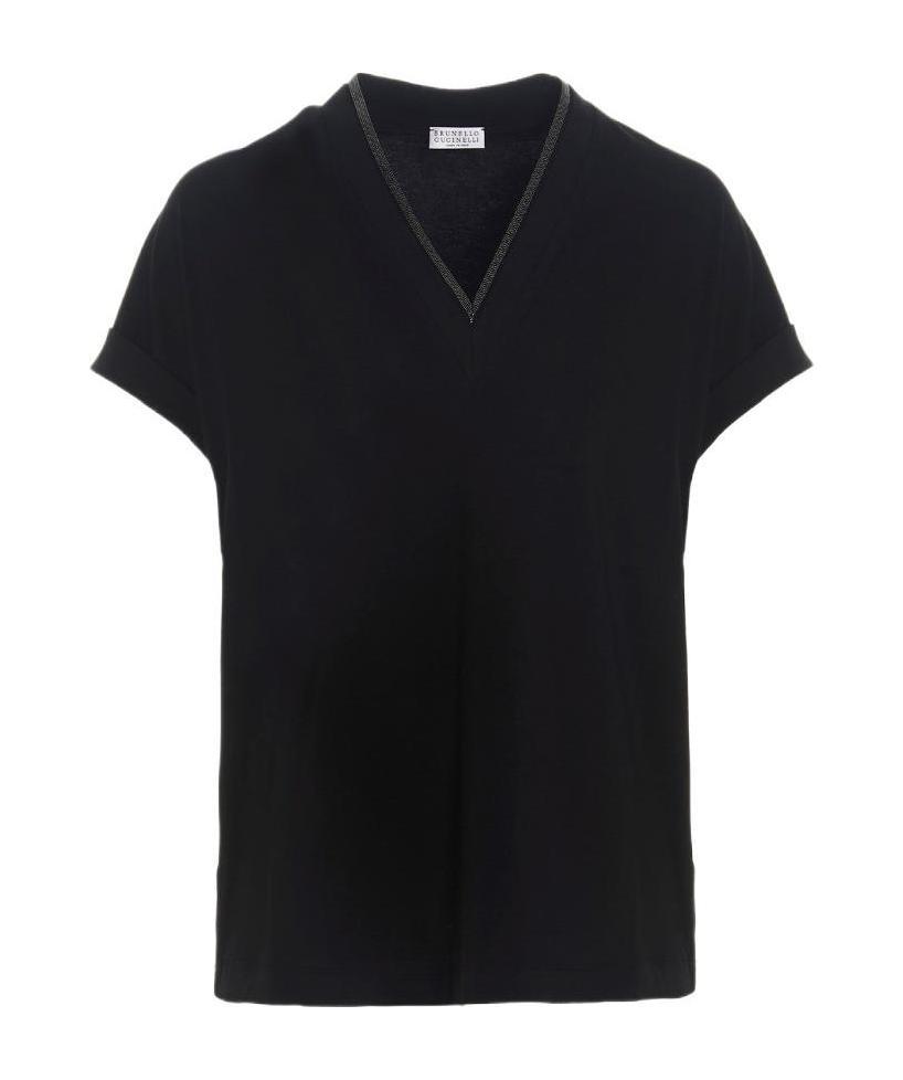 Brunello Cucinelli V-neck Top With Metallic Detail At Neckline In Black