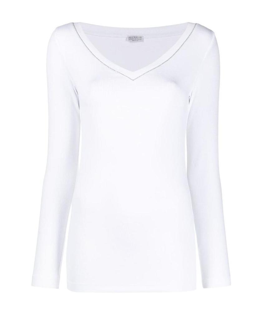 Brunello Cucinelli White V-neck Pullover With Beads Detailing In Stretch Cotton Woman Brunello Cucin In White