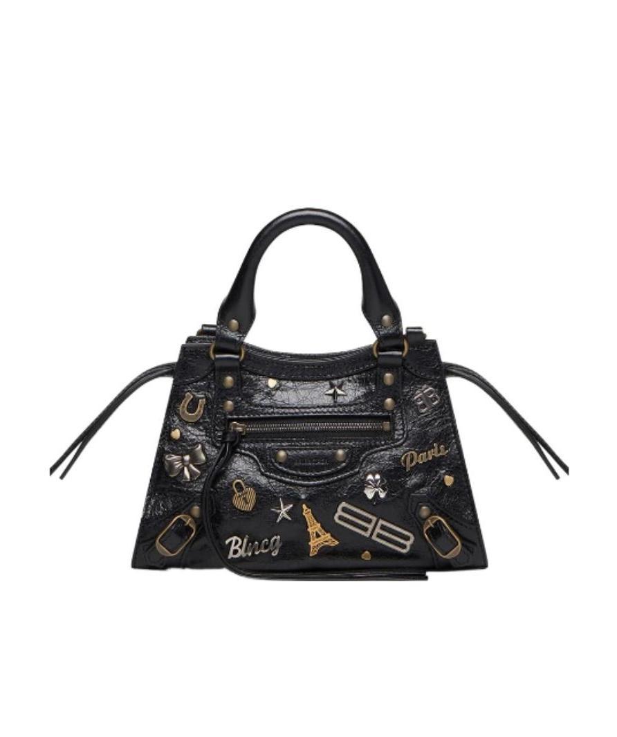 Balenciaga Green Leather Shoulder Handbag With Magnetic Closure And Metal Details In Black