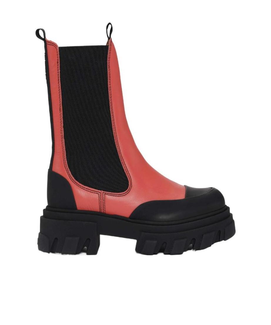 Ganni Cleated Mid Chelsea Combat Boots In Red Leather In Black