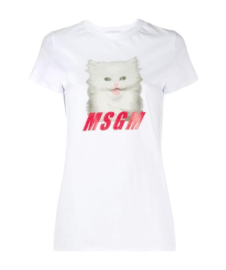 Msgm Cat Printed Logo Short-sleeved T-shirt In White